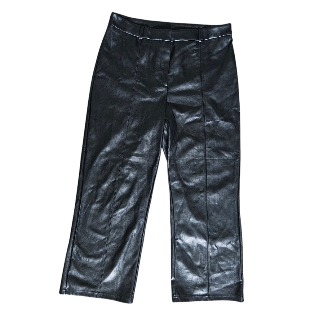 Avec Les Filles Faux Leather Vegan Flat Front Wide Leg Pants in Black